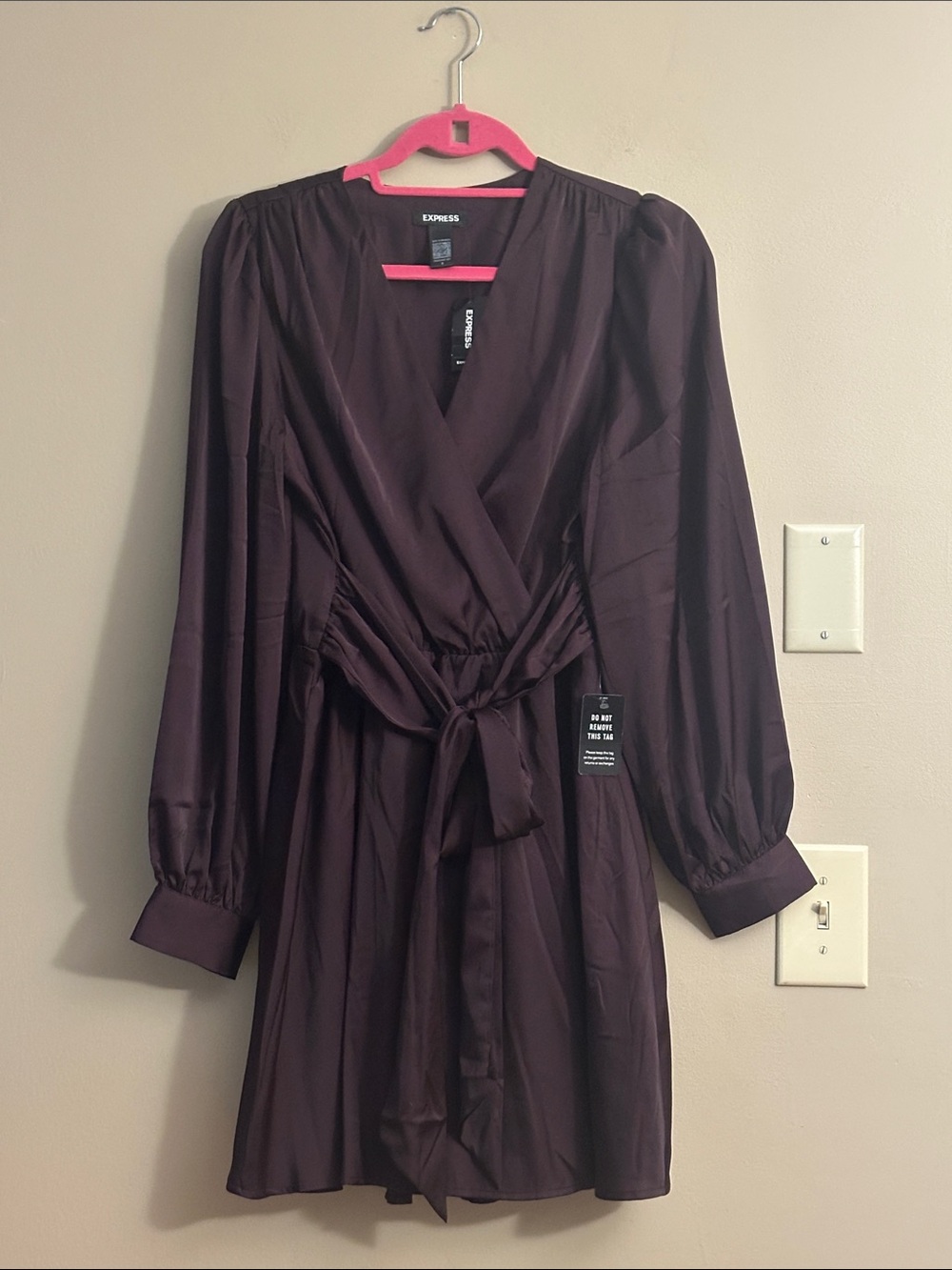 Express Plum Long-Sleeve Faux Wrap Dress with Tie Waist